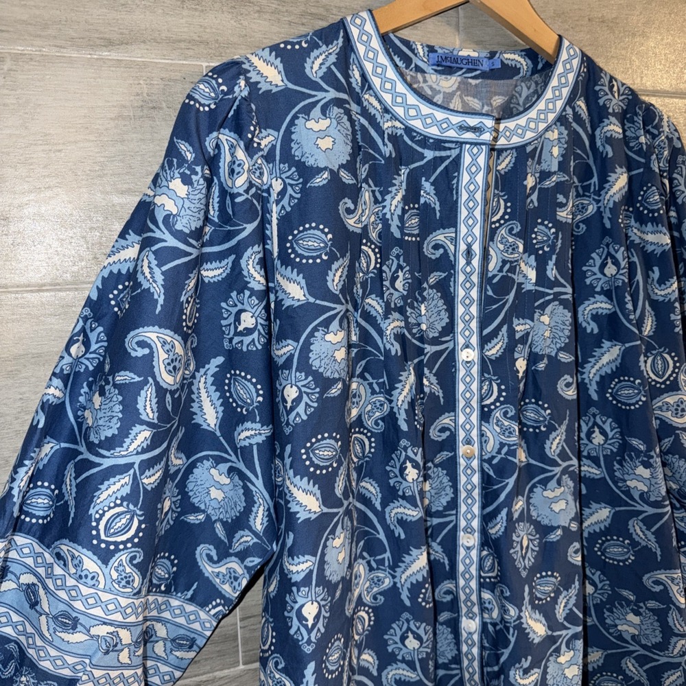 J McLaughlin Giselle Shirt Size Small Blue White Paisley Balloon Sleeves Pleated - Picture 2 of 6